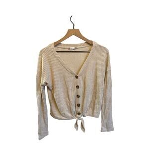 Pink Republic Top Botton Down Tie-Front Thermal V-Neck Cardigan Biege Size Med